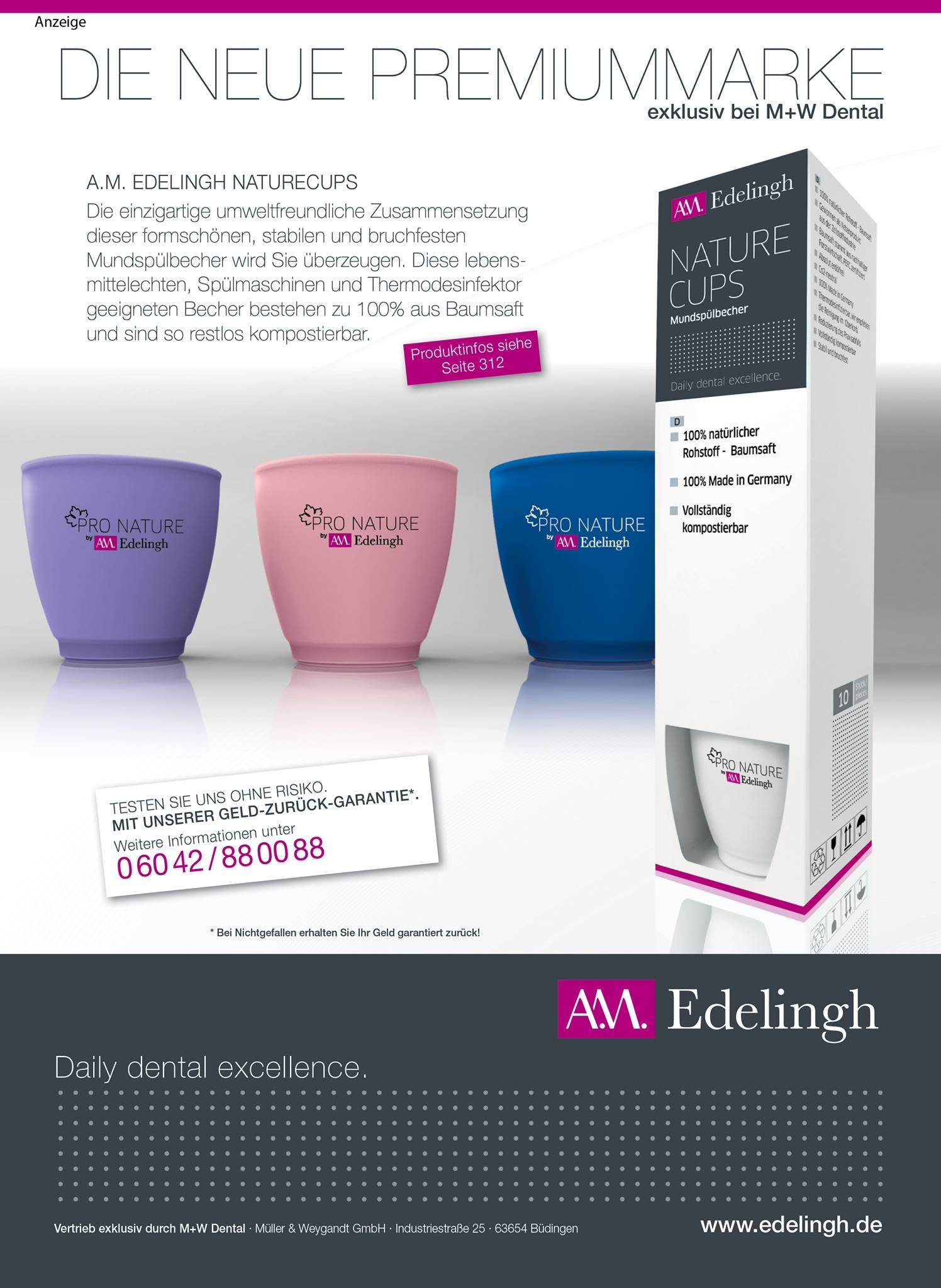 Original A.M. Edelingh Nature Cups advertisement showing coloured dental rinse cups