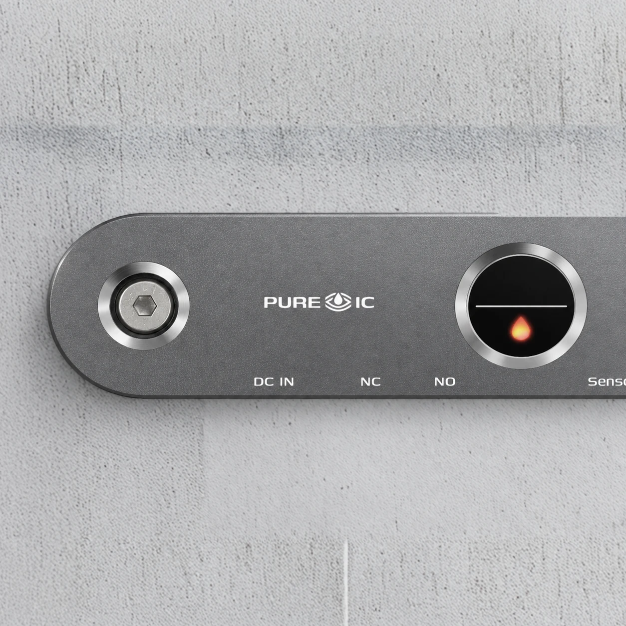 Pure IC AQUA IQ water-protection enclosure with a titanium-grey finish, status display and recessed mounting screw