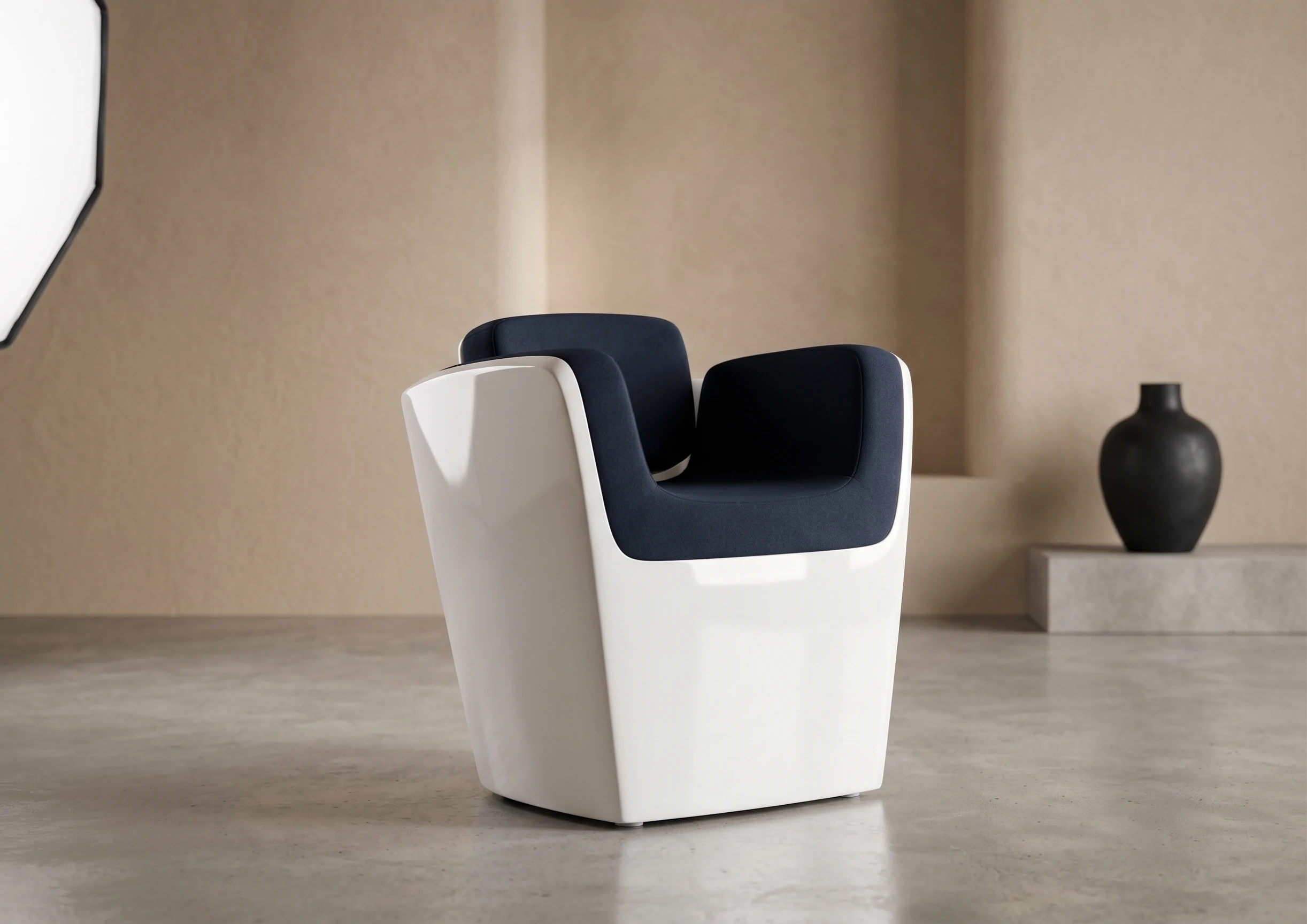 A C-Lounge chair with a light outer shell and dark upholstered seat in an architectural interior