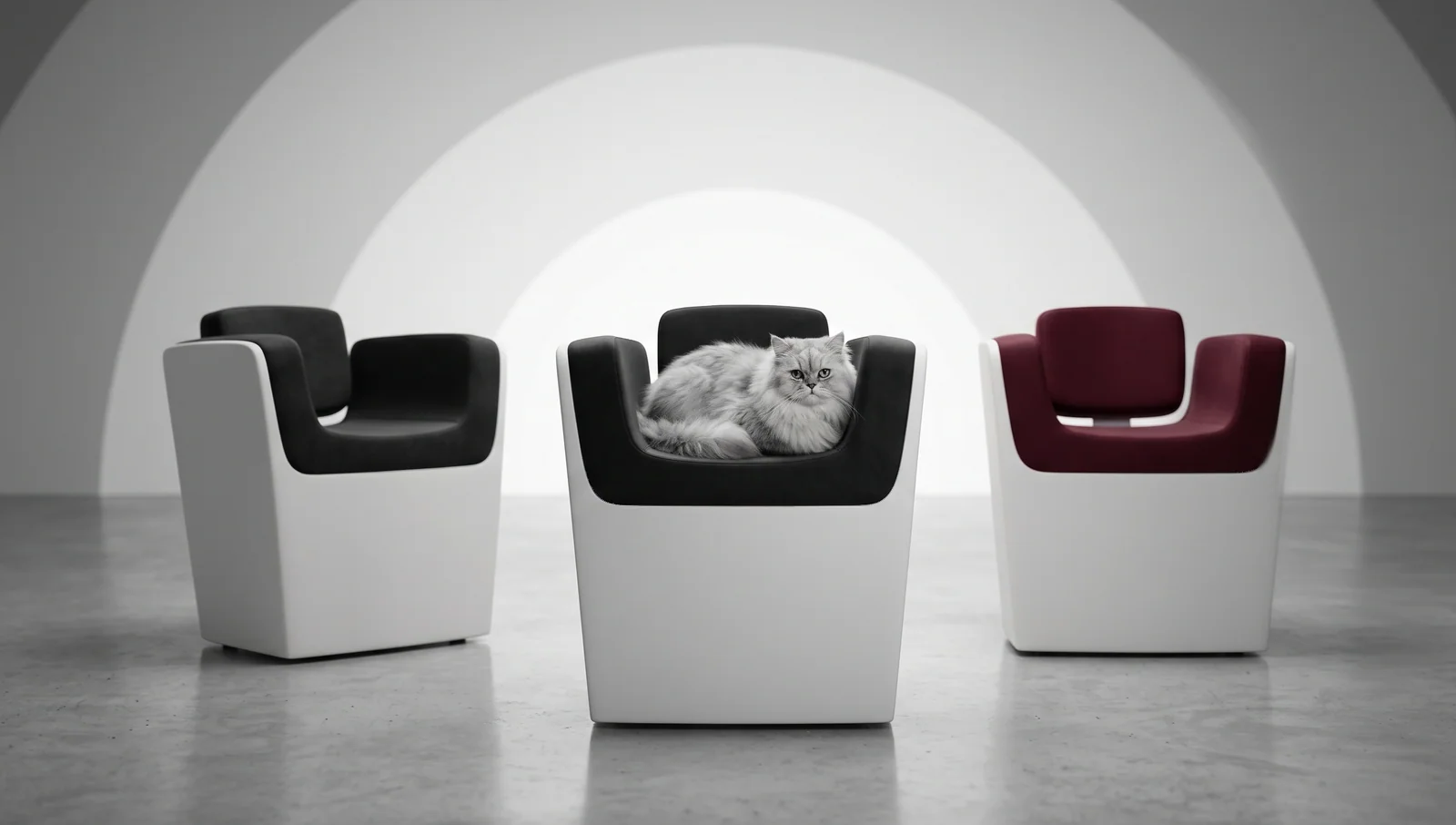 Three C-Lounge chairs with light outer shells and contrasting dark, grey and red upholstered seats