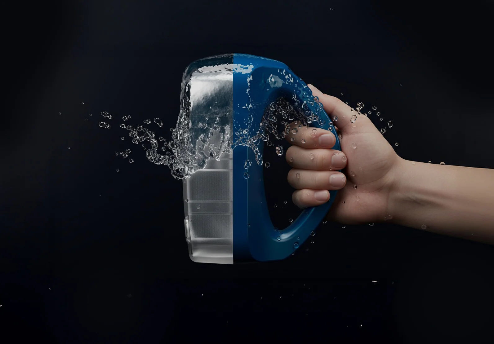 A hand holding the blue IONA ECO COMFORT lantern under splashing water