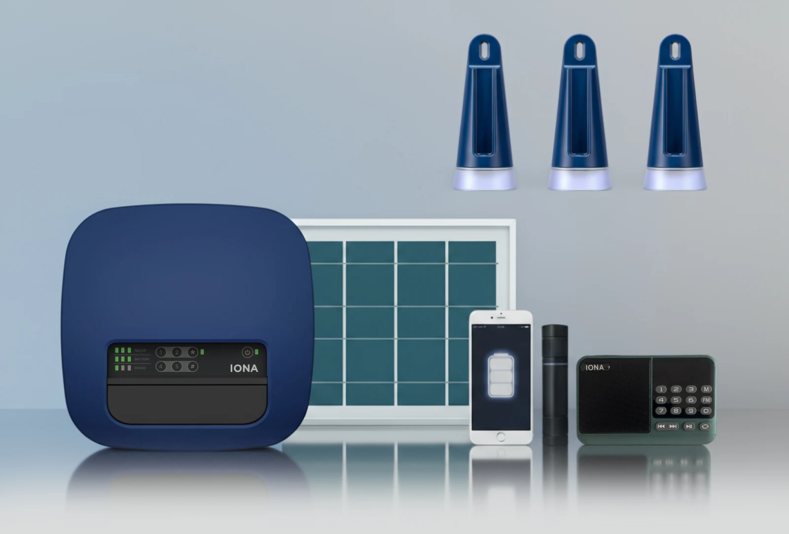 IONA HOME MAX 200 solar home kit with a solar panel, three LED lamps and optional accessories