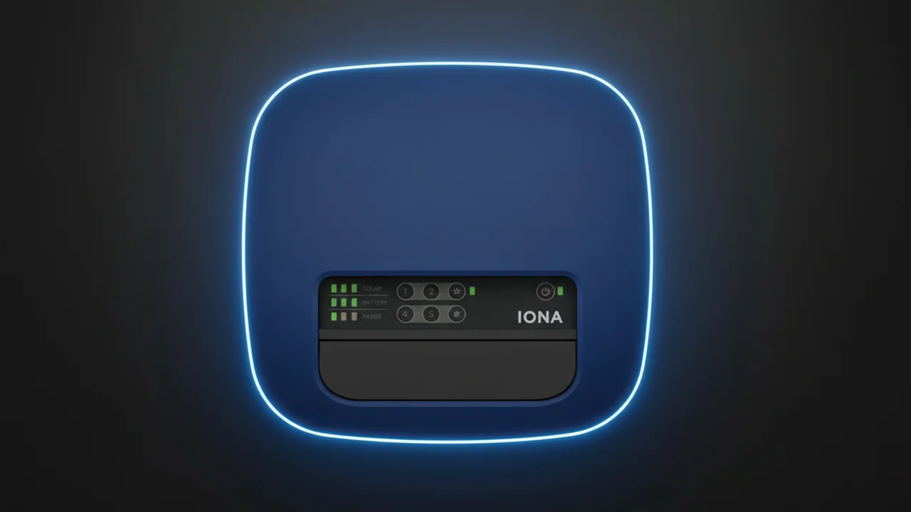 IONA HOME MAX 200 solar home system with a rounded blue enclosure and front control panel