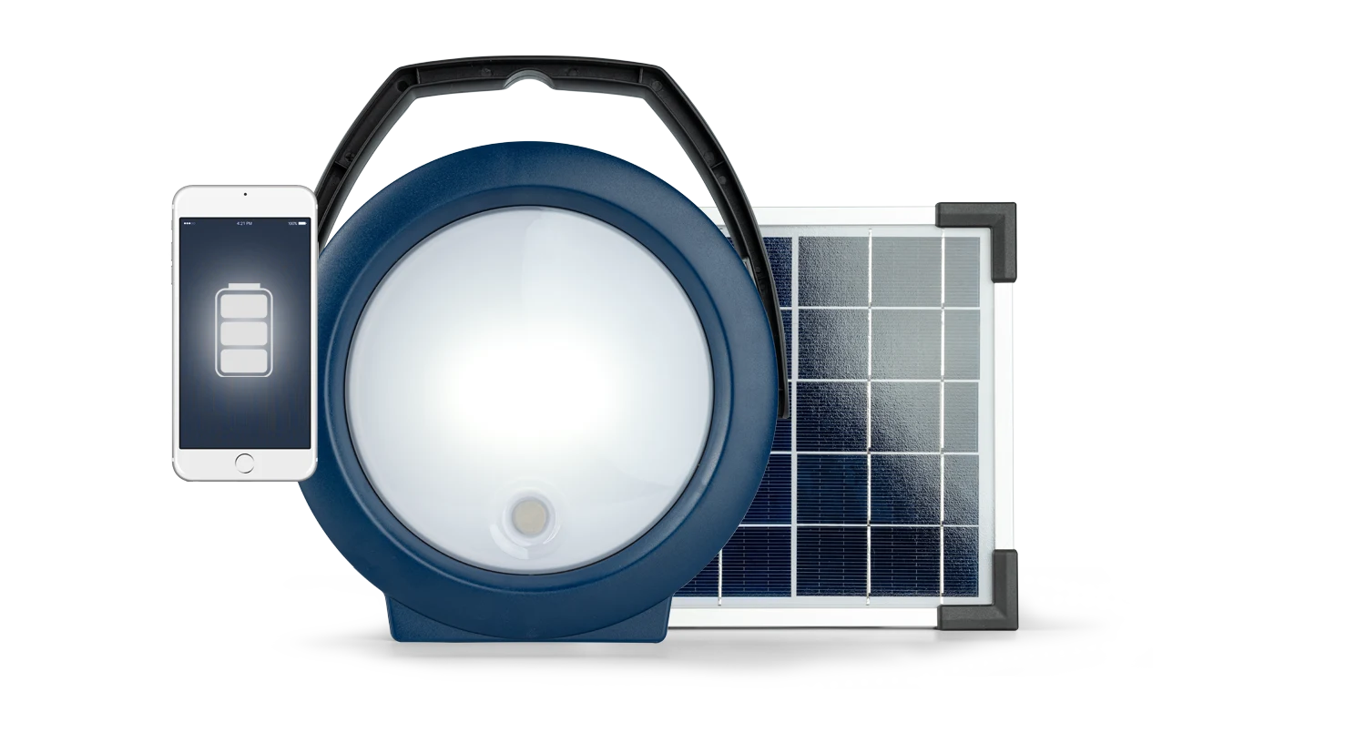 NIWA MULTI 300 XL solar lantern with an external solar panel and a smartphone