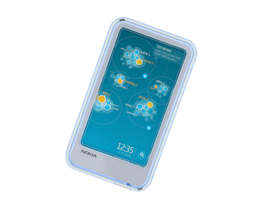 Nokia TOUCH ONE touch-phone design with its original blue interface, silver enclosure and luminous blue perimeter ring