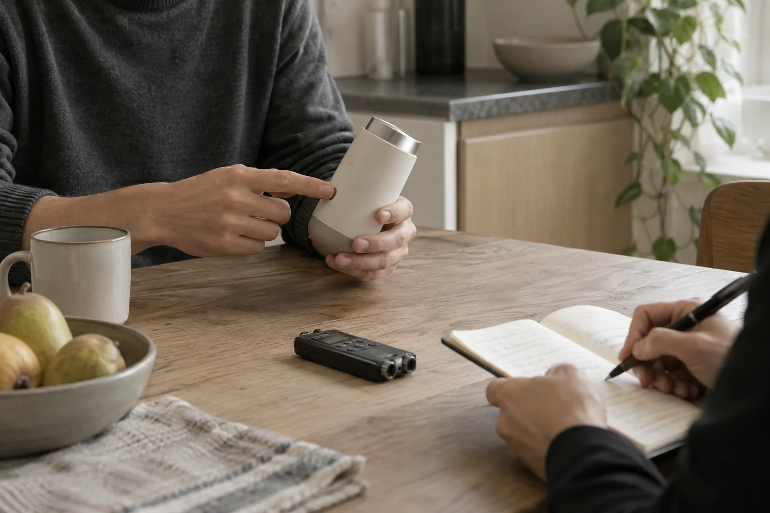 AI illustration of a contextual interview with a person demonstrating a household device