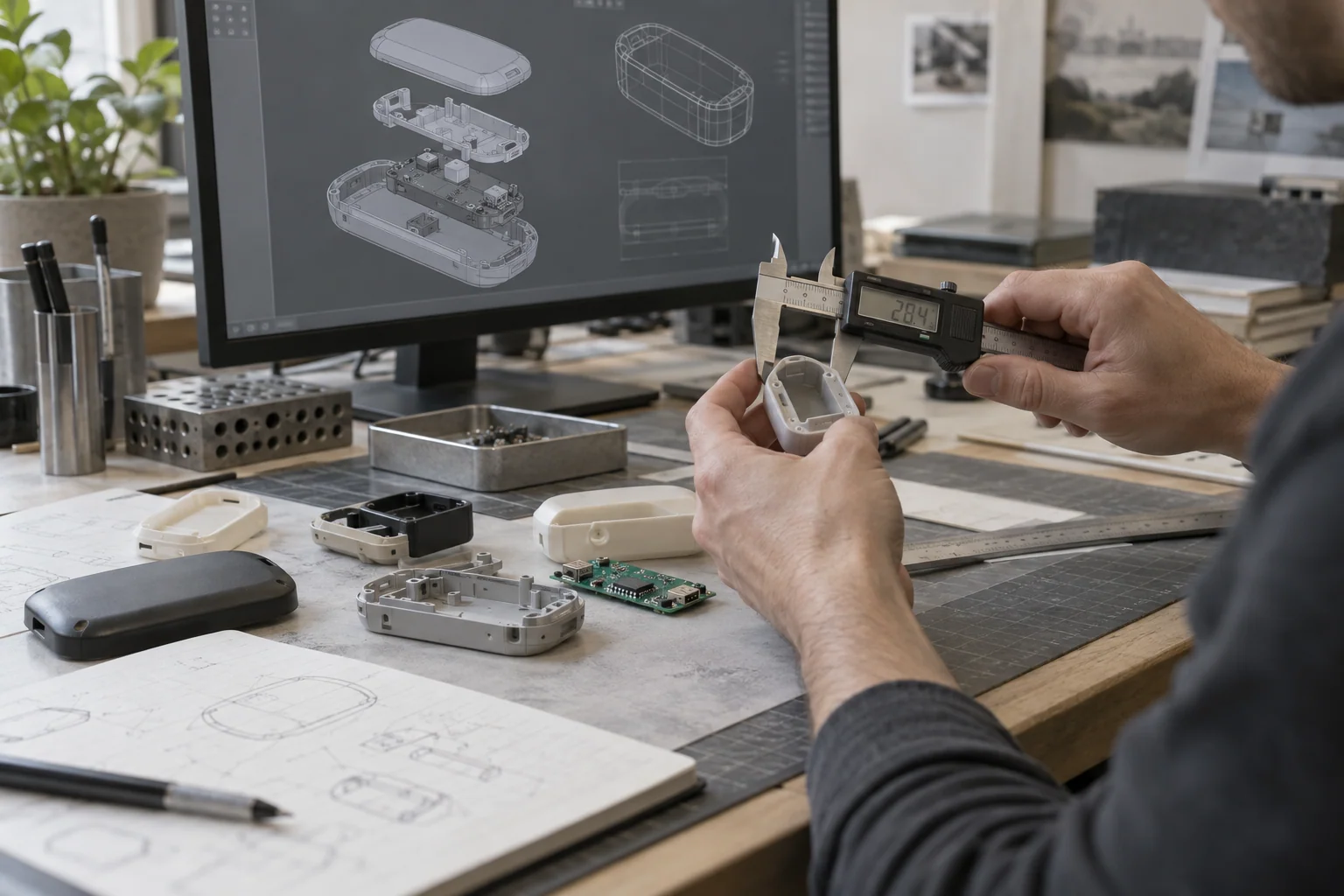 AI illustration of measuring a prototype enclosure with calipers beside a CAD assembly