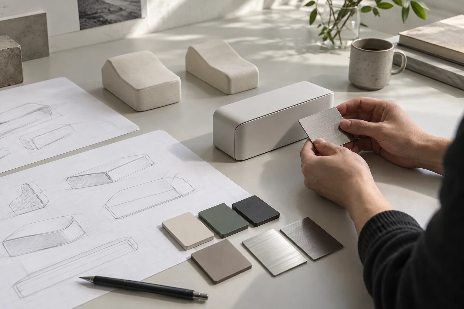 AI illustration of product models, sketches and material samples on a design worktable