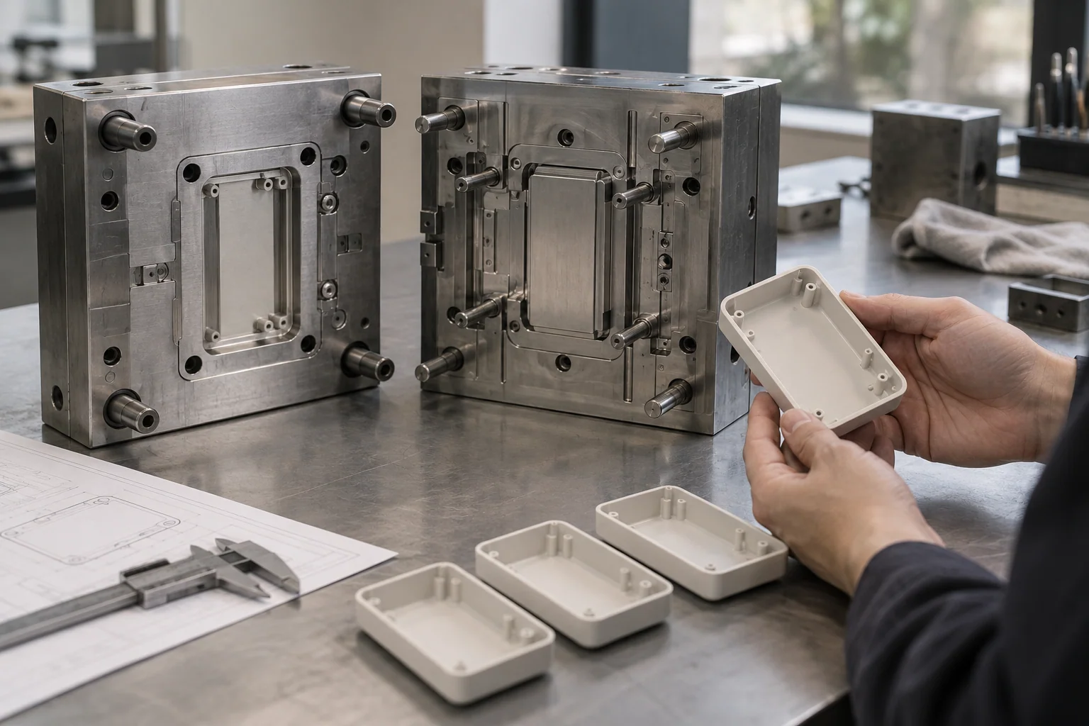 AI illustration of an opened injection mold and matching plastic enclosure samples