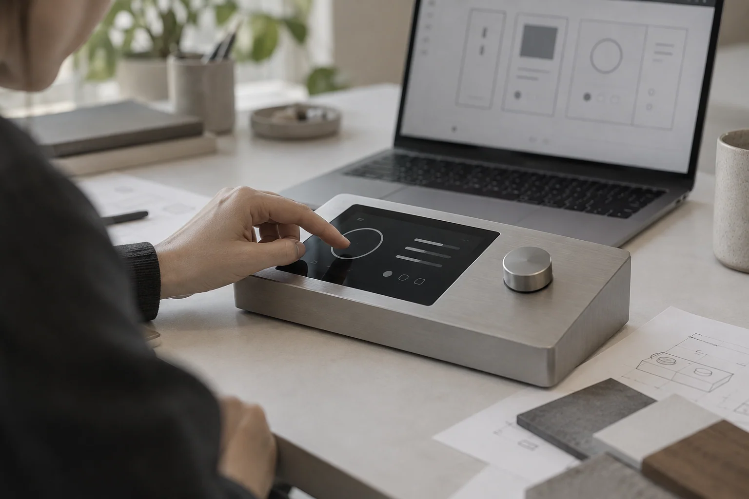 AI illustration of a hardware interface prototype combining a touchscreen and rotary control