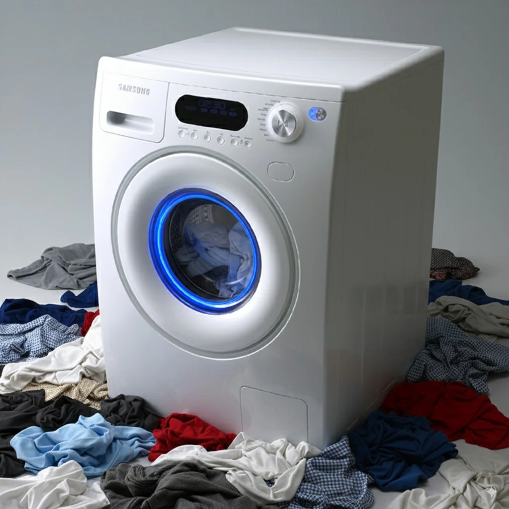 Samsung front-loading washing machine with a blue circular door surround and upper control panel