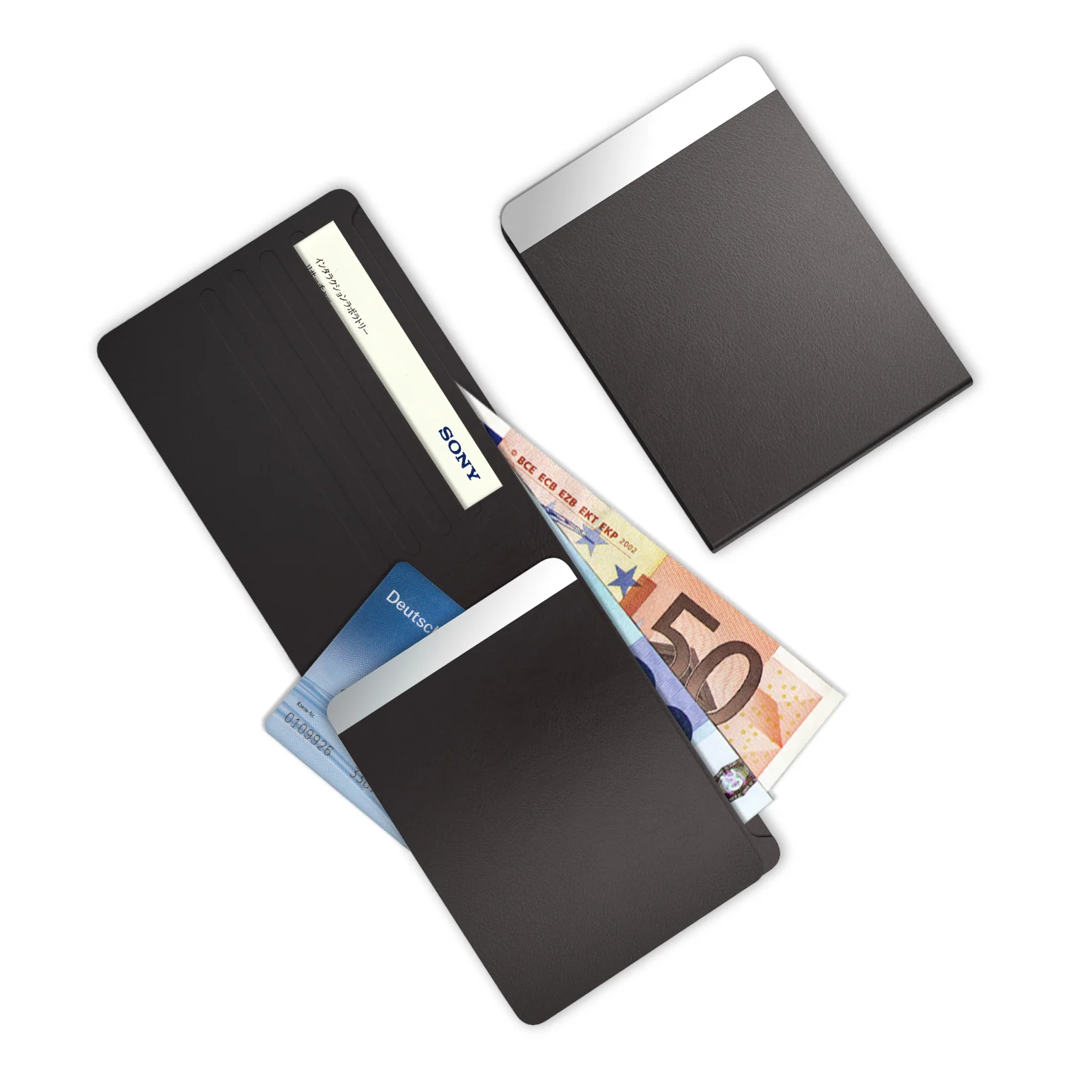 TROIKA wallet shown open with cards and banknotes beside a closed wallet