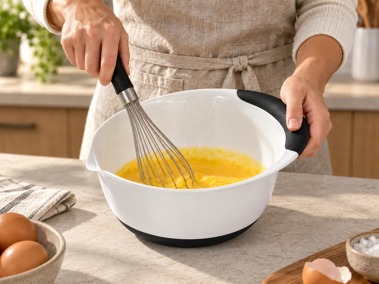 Holding the soft grip of an OXO Good Grips mixing bowl while whisking ingredients