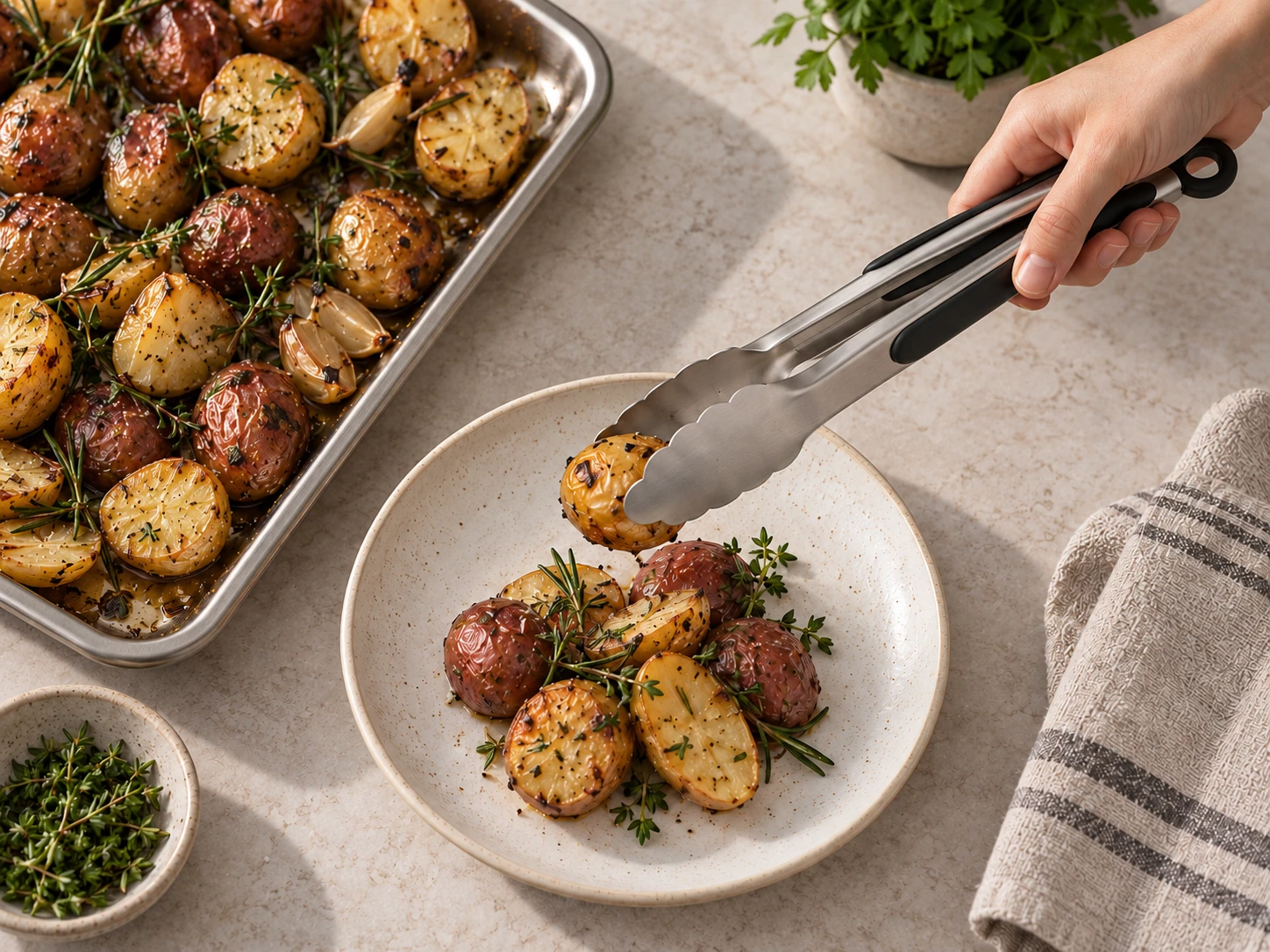 OXO STEEL tongs serving roasted potatoes