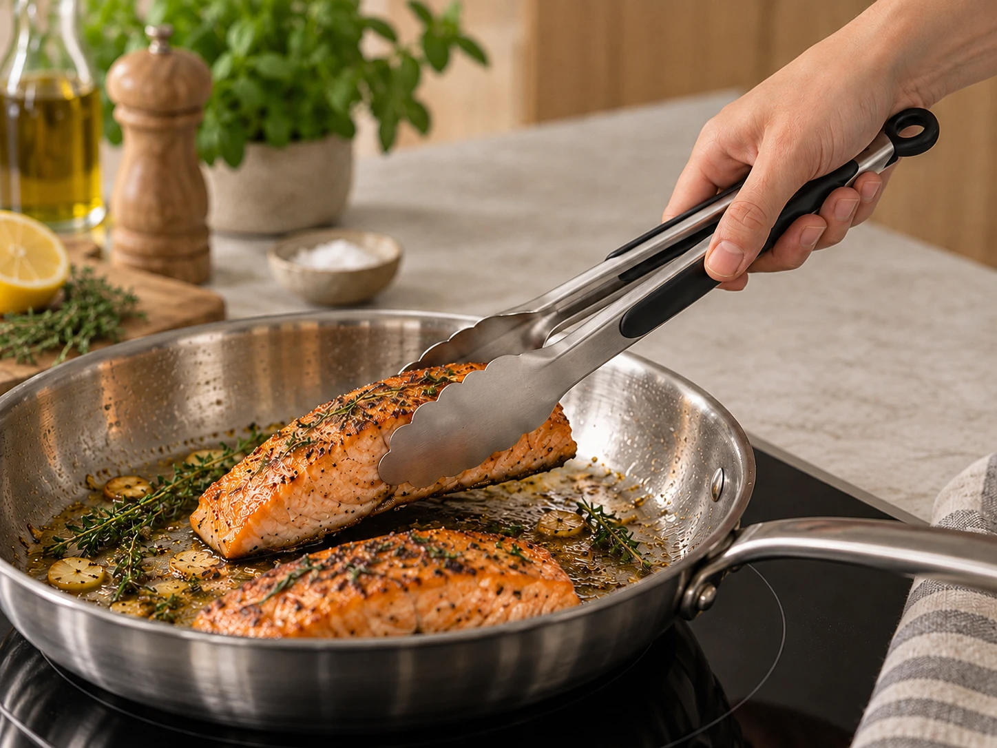 OXO STEEL tongs lifting salmon in a skillet