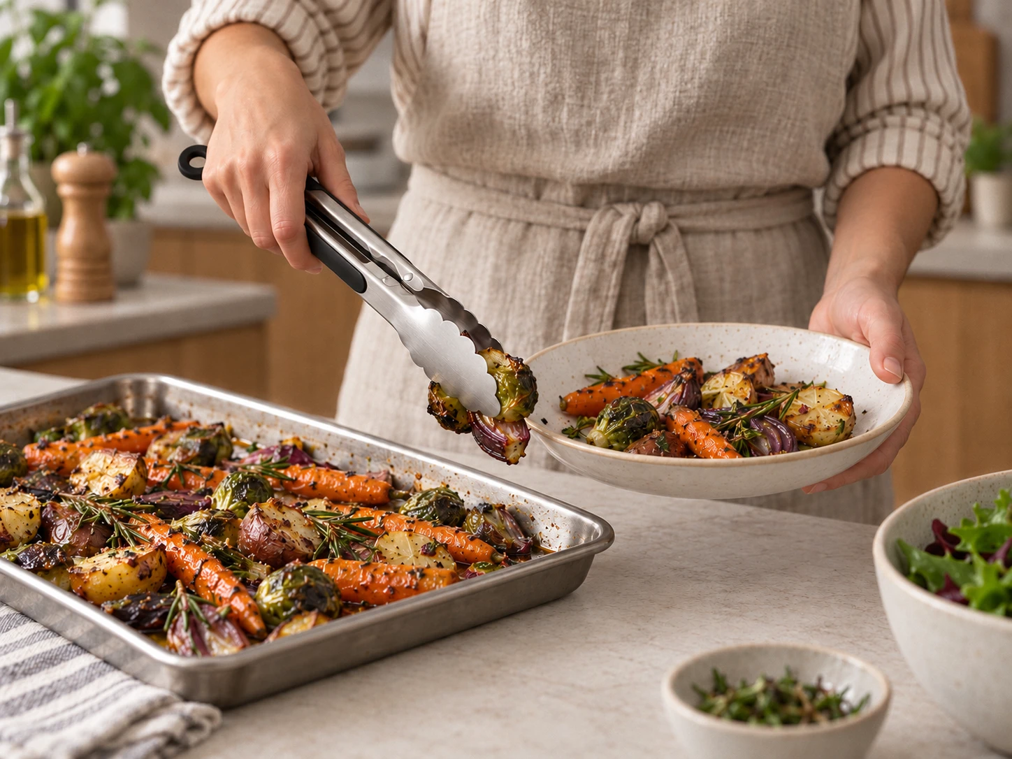OXO STEEL tongs serving roasted vegetables from an oven tray