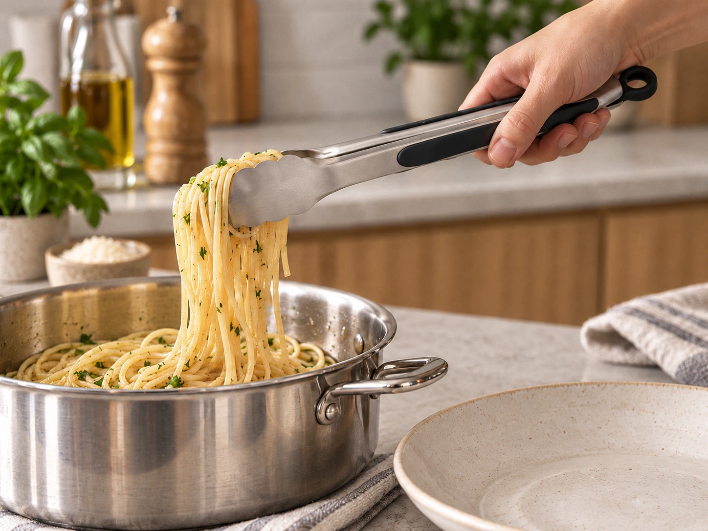 OXO STEEL tongs lifting spaghetti from a saucepan