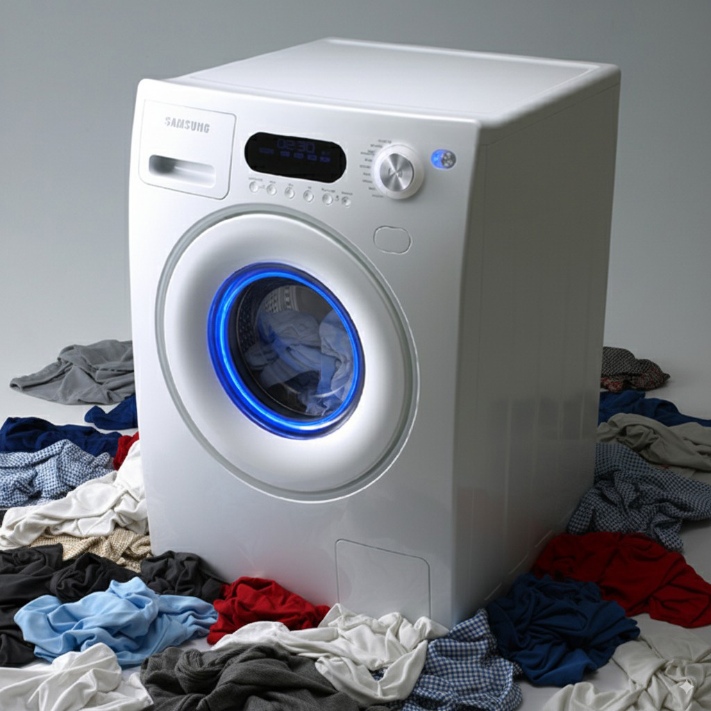 Samsung front-loading washing machine with a blue circular door surround and upper control panel
