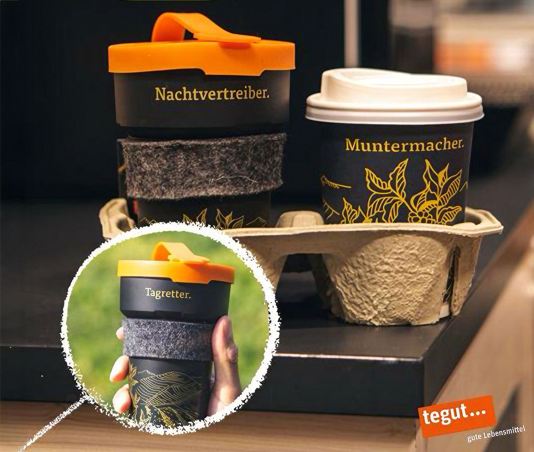 Black Treecup reusable cups with orange and white lids and a grey sleeve, shown with tegut branding