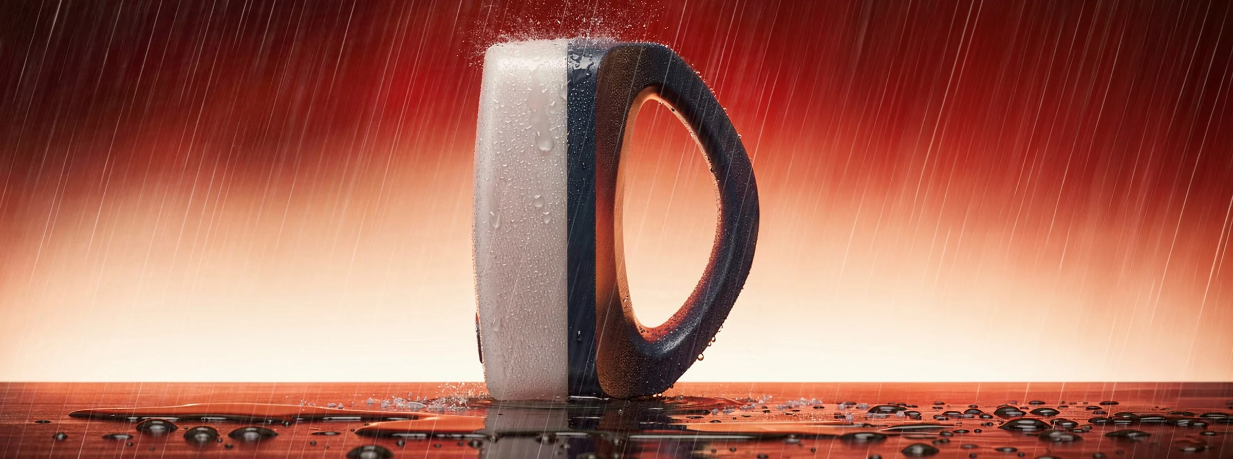 IONA ECO COMFORT product design: a solar lantern with a large handle, shown in rain against a warm background