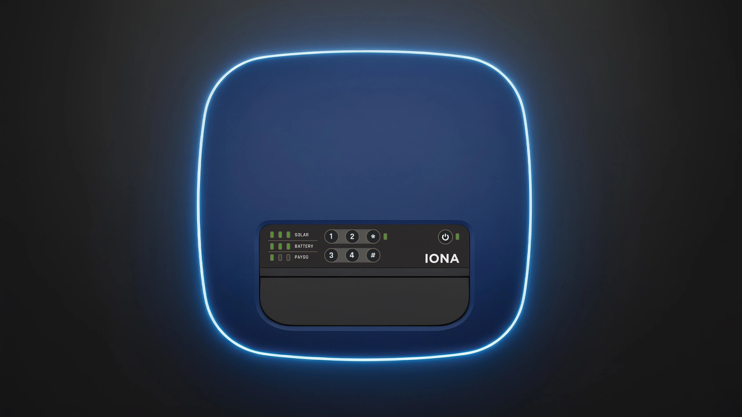 IONA HOME MAX 200 solar home system with a rounded blue enclosure and front control panel