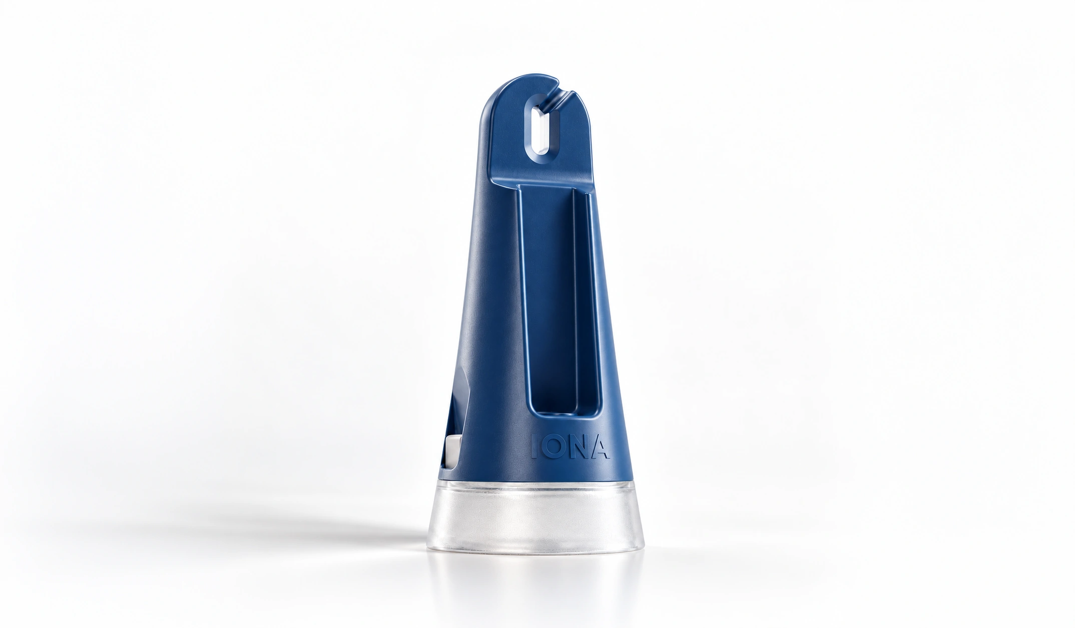 IONA Lumina ONE product design: blue lamp with integrated hanging loop and translucent diffuser on a bright background
